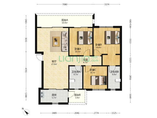 鹿溪樾府 3室1厅2卫 121平方