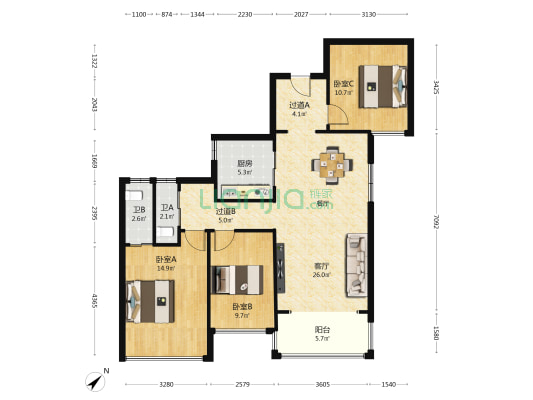 上筑雅居 3室1厅2卫 91平方