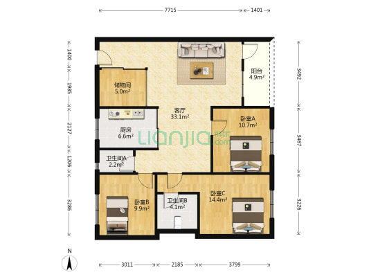 锦发楼 3室1厅2卫 123平方