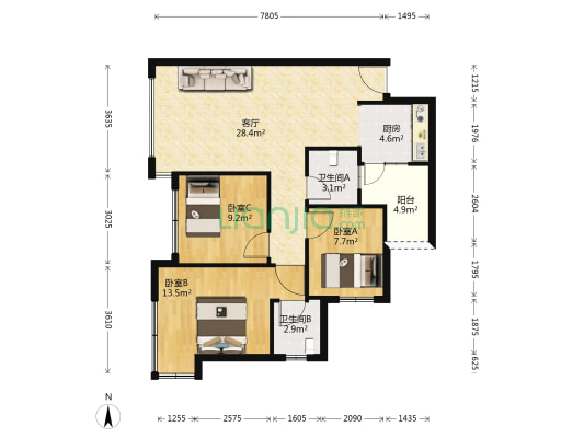 鹭湖云锦台 3室1厅2卫 75平方