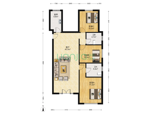 勒泰家园 3室1厅2卫 143平方