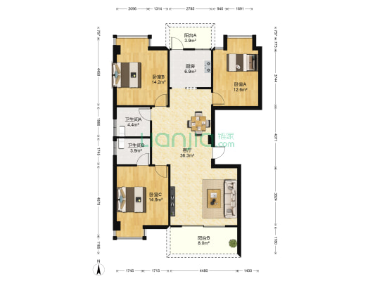 世纪公寓 3室1厅2卫 134平方