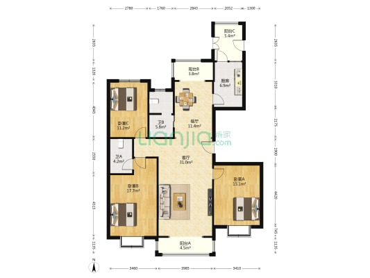 领世郡 3室2厅2卫 156平方