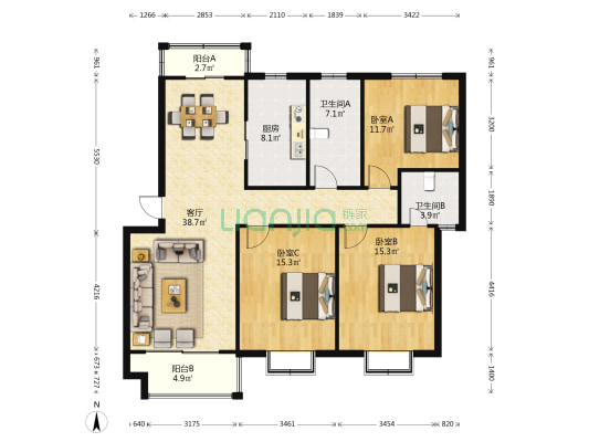 阳光佳苑 3室1厅2卫 128平方