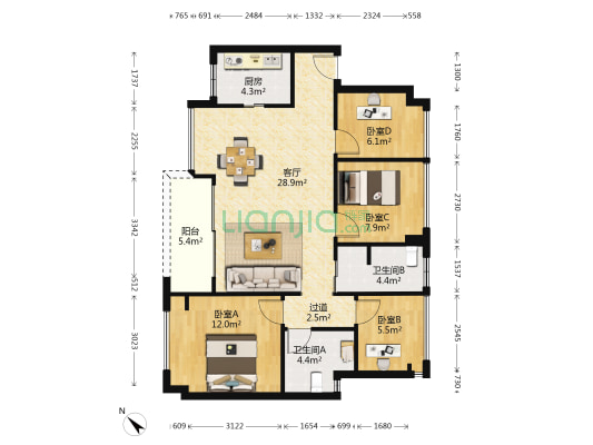 翡翠阳光 4室1厅2卫 99平方