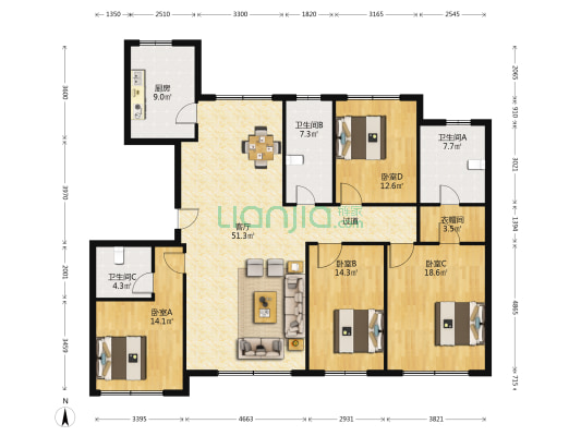 海尔绿城全运村麗园 4室1厅3卫 180平方