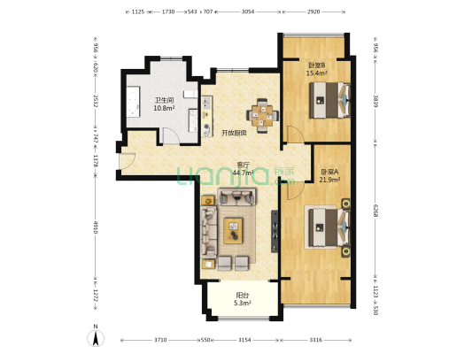 亿达蓝山 2室1厅1卫 117平方