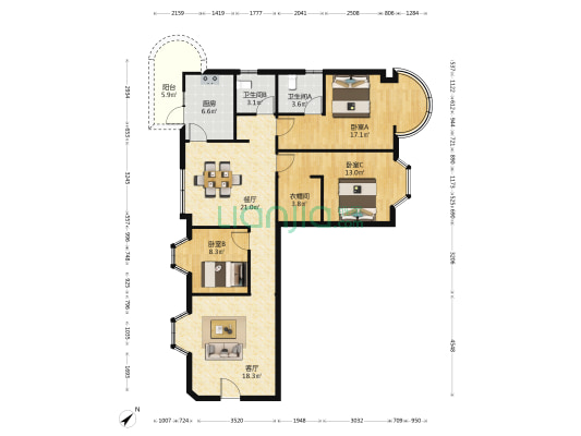 天安高尔夫花园 3室2厅2卫 136平方