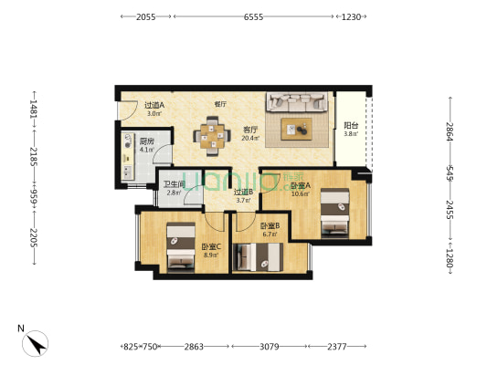 中国铁建未来城 3室1厅1卫 77平方