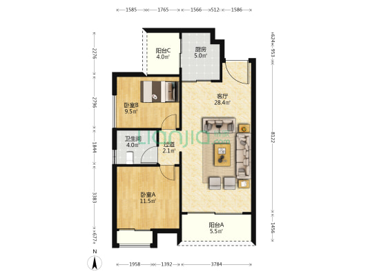 中天会展城B区B8组团 2室1厅1卫 89平方