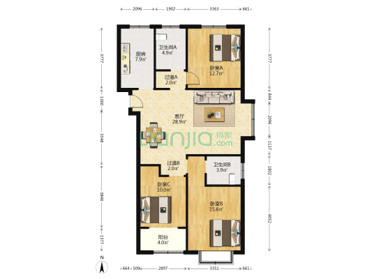 中悦城二期 3室1厅2卫 124平方