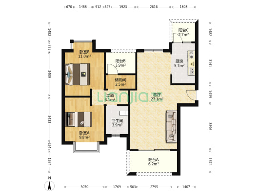 东湖郡 2室1厅1卫 91平方