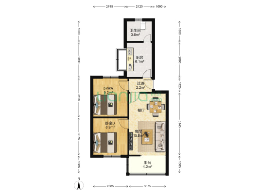 昆明面粉厂生活区 2室1厅1卫 56平方