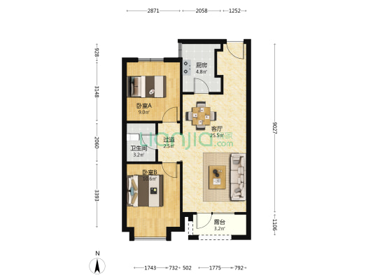 孔雀城璟园 2室1厅1卫 83平方