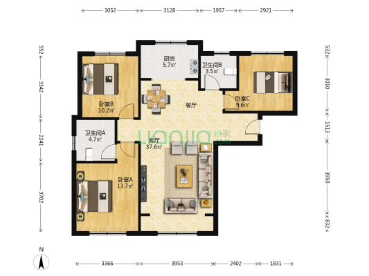 金城新天地 3室1厅2卫 117平方
