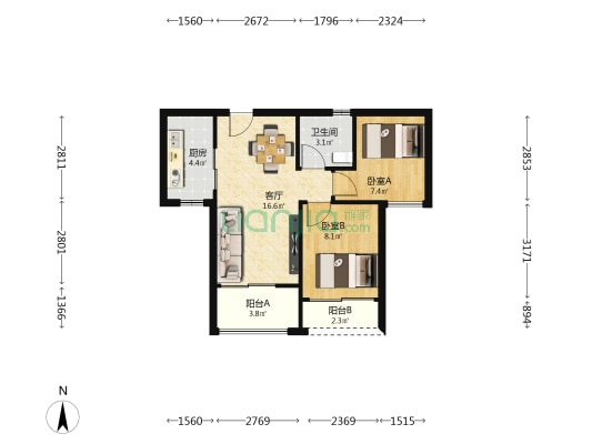 建发招商璟云 2室1厅1卫 66平方