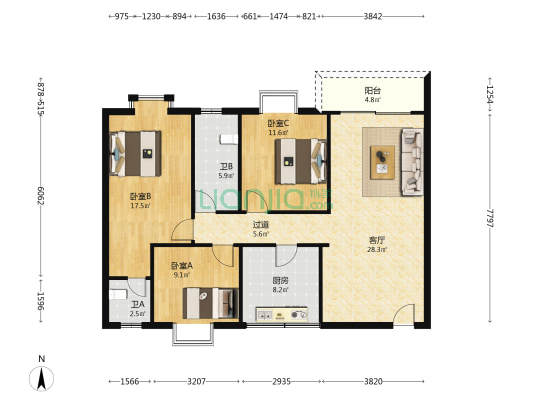 乐福居 3室1厅2卫 113平方
