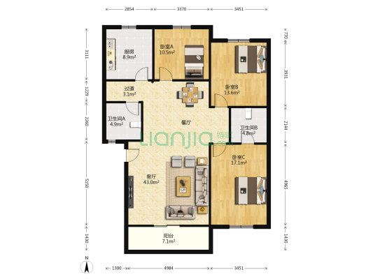 紫阳村小区 3室1厅2卫 125平方