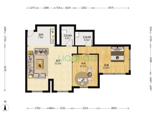 庐迅大厦 2室1厅2卫 130平方