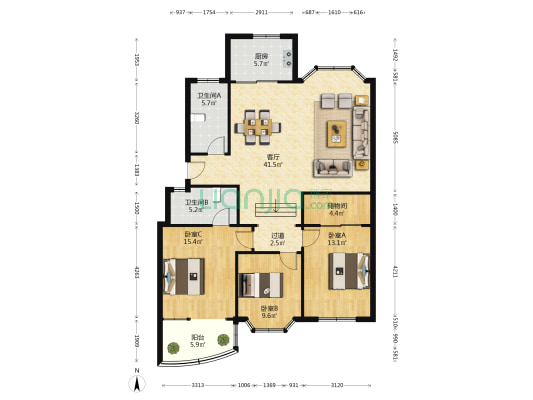 新世纪商住楼 3室1厅2卫 127平方