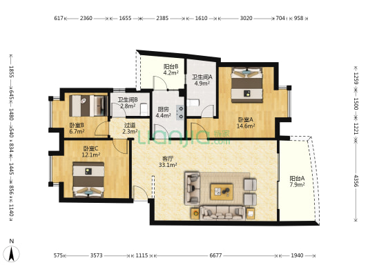 锦绣花园 3室1厅2卫 104平方