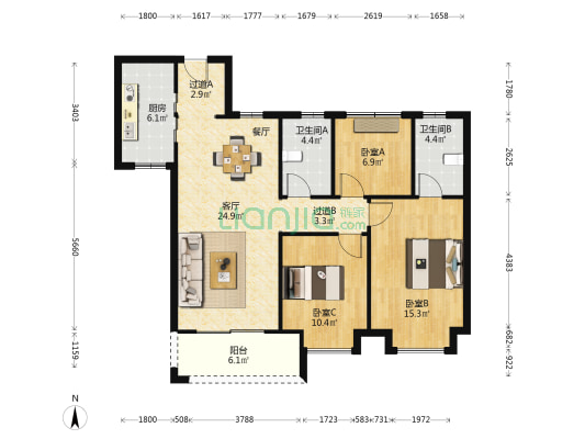越秀亲爱里 3室1厅2卫 107平方