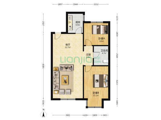 蔷薇家园 2室1厅1卫 93平方