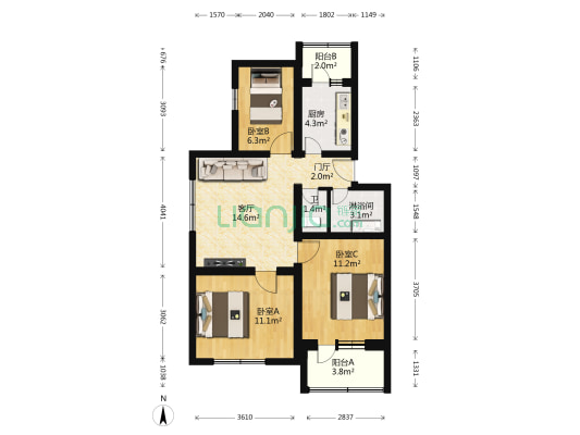 杜家坎44号院 3室1厅2卫 80平方