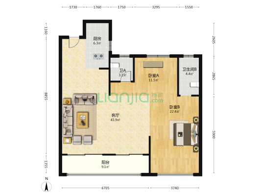 云英阁 2室1厅2卫 120平方