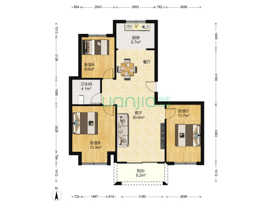 绿地高铁东城三期 3室1厅1卫 106平方