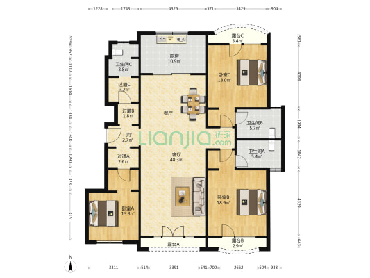 鲁信停云山庄 3室1厅3卫 173平方
