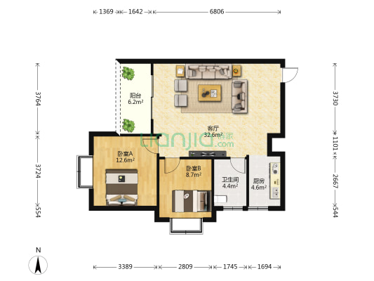 金环大厦 2室1厅1卫 88平方