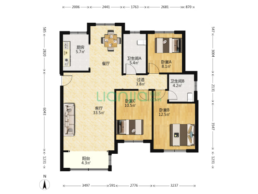 上臧家园 3室1厅2卫 133平方