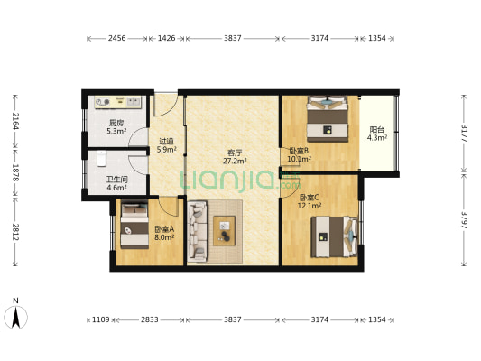 夜市小区北区 3室1厅1卫 95平方
