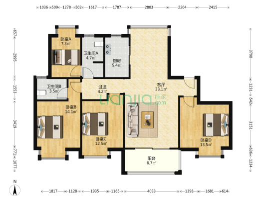 和谐家园 4室1厅2卫 136平方
