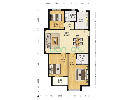 田郑家园 3室1厅2卫 116平方