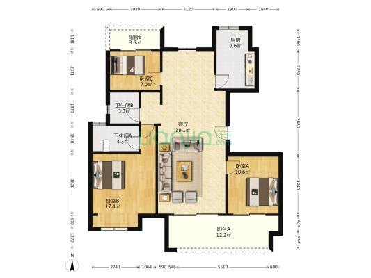 书香河畔 3室1厅2卫 120平方