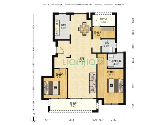 标志·和风苑 3室1厅2卫 103平方
