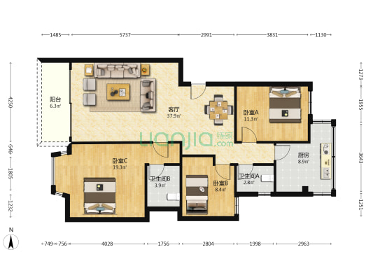 金贵苑 3室1厅2卫 112平方