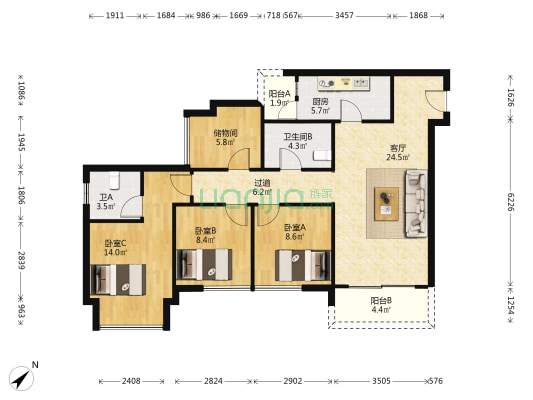 世茂璀璨天城星斓 3室1厅2卫 112平方