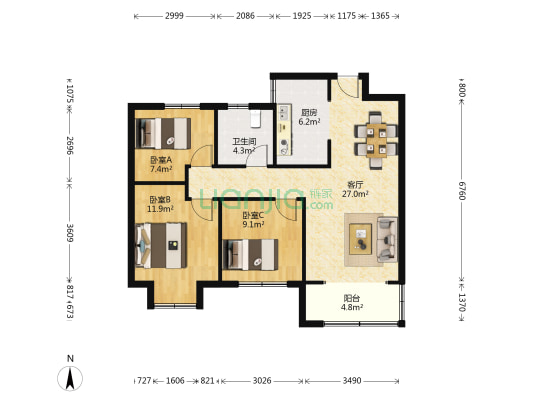 绿地IFC中央公馆B10区 3室1厅1卫 103平方