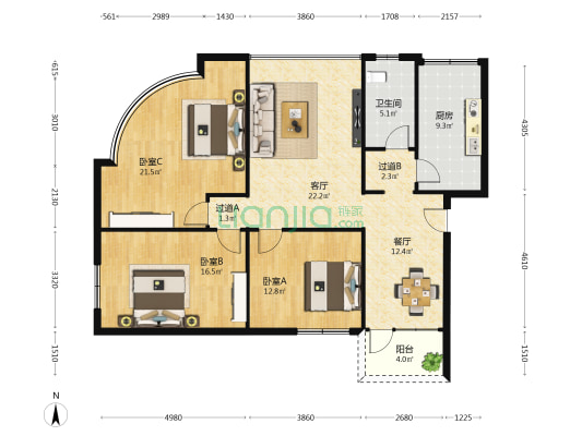金达小区 3室2厅1卫 115平方