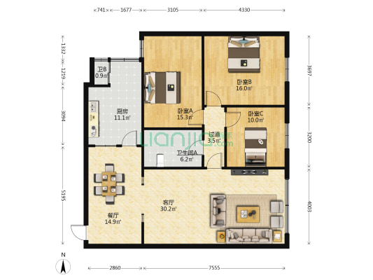 石板场2号 3室2厅2卫 132平方