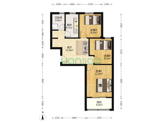 士韵家园59弄 3室1厅1卫 82平方