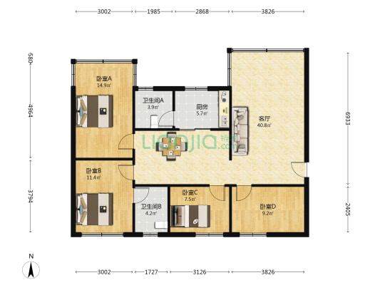 龙苑花园 4室1厅2卫 102平方
