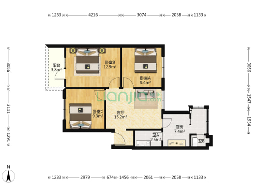 协兴村 3室1厅2卫 75平方