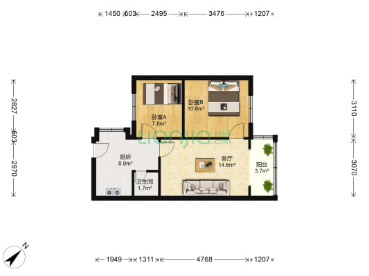 五世同堂街66号 2室1厅1卫 59平方