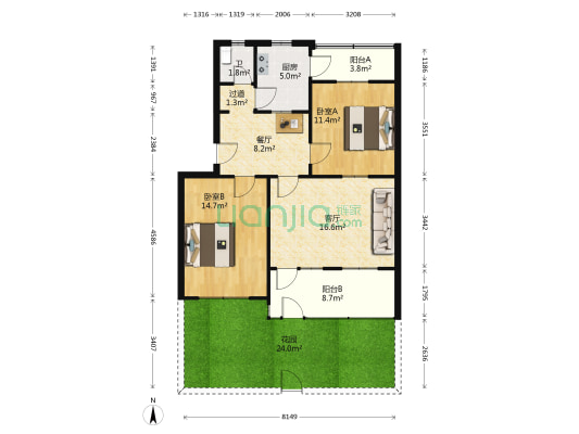 张面河小区 2室2厅1卫 80平方