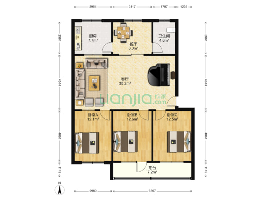 堰北泮河小区 3室2厅1卫 130平方