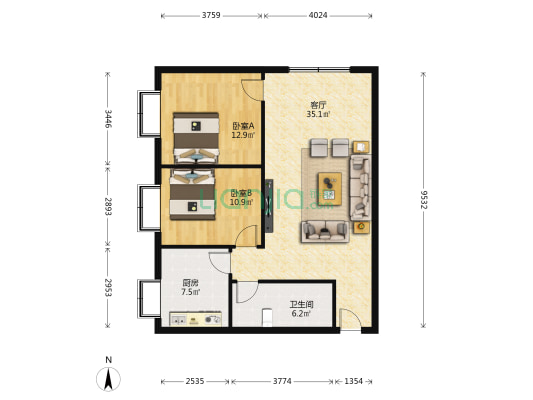 大雁滩社区 2室1厅1卫 93平方